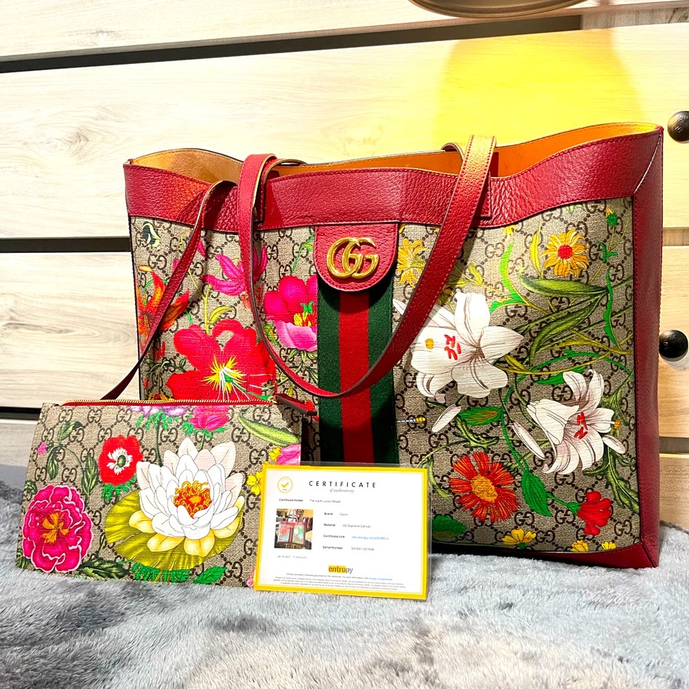 Gucci Ophidia Red Flora Leather Large Canvas Flower Tote Handbag Italy LIKE NEW